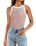 ZESICA Womens Summer Sleeveless Tank Tops Ribbed High Neck Racerback Slim Fitted Color Block Casual Shirts,Pink,Small