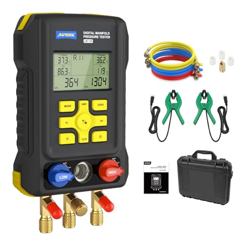 AUTOOL LM150 Digital HVAC Manifold Gauges - Dual Pressure &amp; Temperature Measurement, Vacuum Level Detection, Refrigerant Identifier with Built-in Database for Air Conditioning &amp; Refrigeration Systems