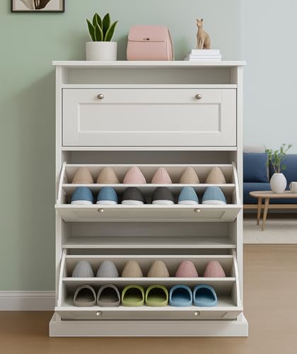 Image of 3-Door Engineered Wood Shoe Rack, 6-Tier Wooden Shoe Rack for Entryway, Shoe Storage Cabinet with Doors Adjustable Shelves, Wooden Shoes Rack Organizer (White, 6 - Tier)