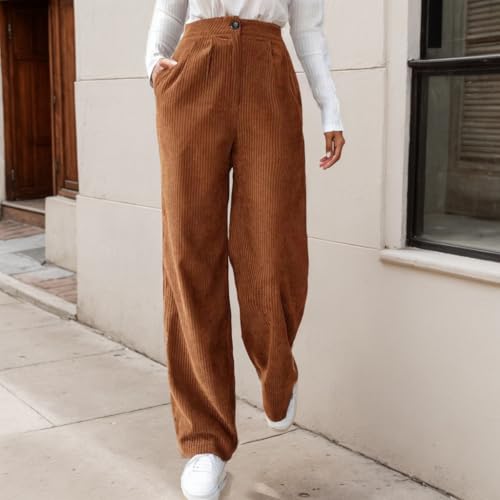 Women's Vintage Corduroy Stretch Button Elastci High Waits Pants Casual Loose Long Straight Trousers with Two Pockets2