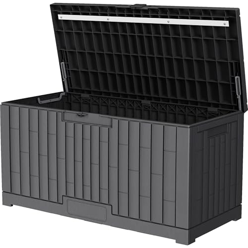 dobar® Arcón de jardín de 375 L, resistente a la intemperie en aspecto de madera, caja de jardín con cerradura para asientos, cojines y accesorios de jardín, 123 x 58,5 x 62 cm, color antracita