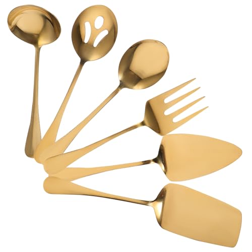 ROMISBABA Cubiertos de Cocina de Acero Inoxidable Dorados para Servir, Incluye Cucharas para Servir y Tenedores, Utensilios Reutilizables para Uso Alimentario en Hogar y Eventos