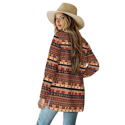 Image of Women's Aztec Open-Front Jacket Lightweight Casual Outerwear Native Western Aztec Pattern & Plaid Houndstooth Print