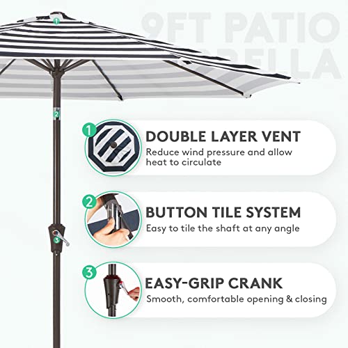 Image of JEAREY 9FT Outdoor Patio Umbrella Outdoor Table Umbrella with Push Button Tilt and Crank, Market Umbrella 8 Sturdy Ribs UV Protection Waterproof for Garden, Deck, Backyard, Pool (Black & White Stripe)