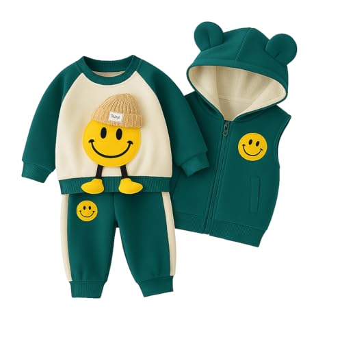 Image of Bold N Elegant Kids Polyester Printed 3d Happy Smile Face Cartoon Winter Warm Hoodied Jacket Sweatshirt and Pajamas 3 Pc Layering Party Clothing Set