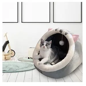 Cloyster Cat House in Summer and Winter, 2-in-1 Cat Beds for Indoor Cats with Heating Pad & Removable Washable Cushioned, Cat Tent with Fluffy Ball Hanging