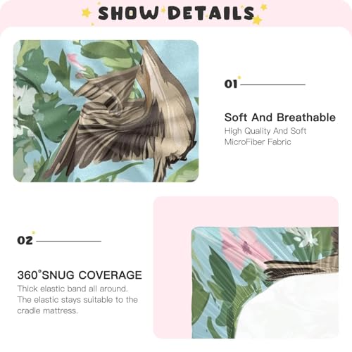 Image of Crib Sheet Breathable Soft Crib Mattress Sheet for Baby Toddler Boys Girls Fitted Crib Sheet Fit Standard Crib Mattress 39 x 27 Inch Blue Mockingbird and Pink Flowers