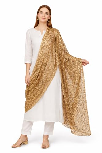 Image of ZEN APPAREL Women's Embroidered Net Dupatta with Lace Borders (Z-101) Premium Net Fabric Golden Aari Work