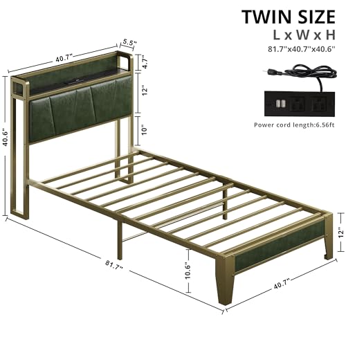 LIKIMIO Twin Bed Frame, Storage Headboard with Charging Station, Solid and Stable, Noise Free, No Box Spring Needed, Easy Assembly (Dark Green)