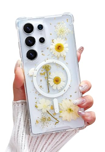 Lewrtser Compatible with Samsung Galaxy S26 Ultra Case,Compatible with MagSafe,Cute Pressed Dried Flowers Design Women Girly Shockproof Floral Clear Magnetic Case for Galaxy S26 Ultra (White)