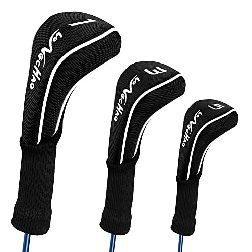 Black Golf Club Head Cover Driver 1 3 4 5 7 X Fairway Woods Headcovers, Golf Accessories Hybrid Head Covers Set with Interchangeable Tags Fits All Fairway and Driver Clubs (Black +Logo)