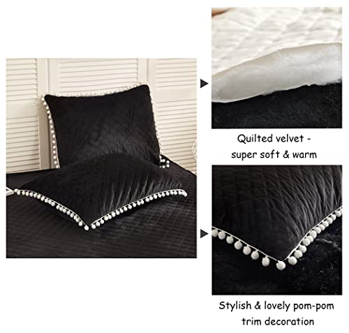Liferevo 2 Pack Diamond Quilted Velvet Bed Pillowcases, Pom Poms Fringe Decorative Throw Pillow Shams Set Of 2, Soft Bed Pillow Cases Zipper Closure For Teen's Girls Bedroom (Black, King) #TOP5