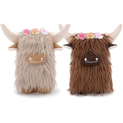 Bpwasxda Highland Cow Gnomes with Flowers, Scottish Cattle Stuffed Dolls Farmhouse Nordic Dwarf Home Decoration Gift for Her (Khaki + Brown) Cover