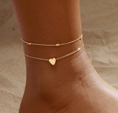 Image of 2 /3 PCS Gold Anklets for Women Waterproof Cuban Link Anklet Beaded Bracelets Stackable Bracelets 14K Gold Plated Custom Jewelry Gifts Non Tarnish Lightweight
