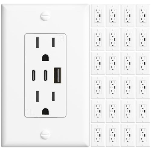 Amico 6.0A USB Outlet 24 Pack, 3-Port 30W Wall Outlets with 2 Type C & 1 Type A, 15 Amp Receptacle Plug, Tamper Resistant Receptacle, Wall Plate Included, ETL Listed, White