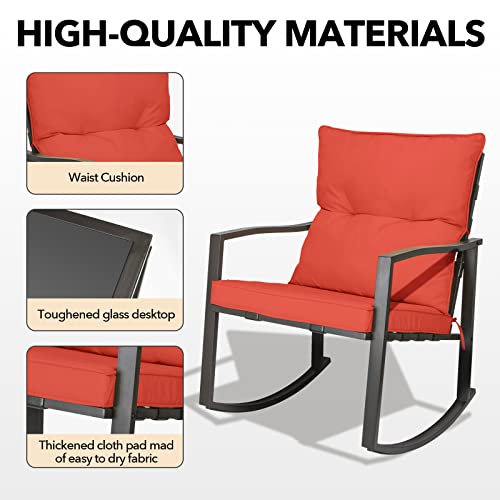 Leveleve 3Pcs Patio Rocking Chair Set Outdoor Furniture Porch Chairs Conversation Sets 2 Chairs, With Tempered-Glass Coffee Table (Orange Red) #TOP5