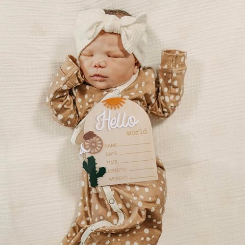 Image of Wooden inchHello World inch Baby Announcement Board - Newborn Birth Sign, Baby Shower Decor, Hospital Nursery Information Board, Baby Milestone Photo Prop, Gender Neutral Keepsake (Cowboy Hat Sun Cactus)