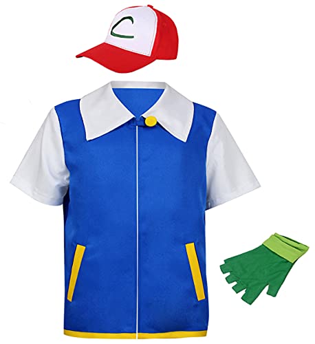 Anime ash ketchum Costume Adult Kids Hoodie Cosplay Jacket Gloves Hat Sets (XL)
