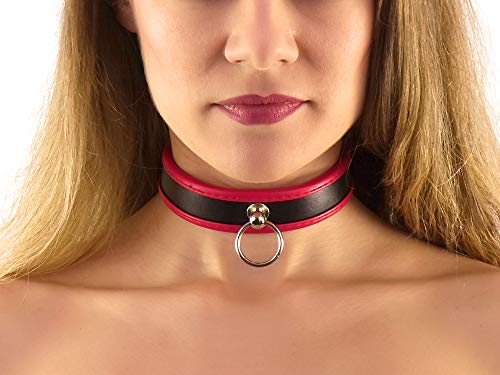 Halsfessel mit Ring der O schwarz rot Slave Halsband schmal Bondage Leder Style (rot-schwarz)