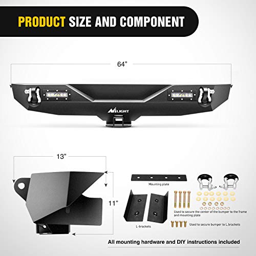 Image of Nilight - JK-52A Rear Bumper Compatible for 2007-2018 Wrangler JK,Rock Crawler Bumper with Hitch Receiver & 2X Upgraded 18W LED Lights Off Road Textured Black