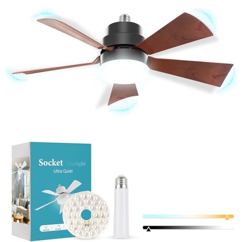 Socket Fan Light, E26 Screw in Bulbfan with 1 Spare Lightbulb, 20.5 IN Ceiling Fans with Lights...