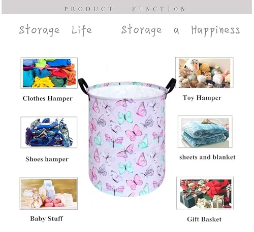Image of Kids Laundry Hamper Clothes Gift Basket Storage Laundry Baskets Organizer Bin with Handles for Nursery Room (Purple Butterfly)