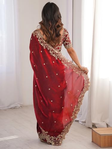 Image of AKHILAM Women's Shimmer Satin Sequence Embroidery Saree With Unstitched Blouse Piece(AARYAN21401 KR Parent)