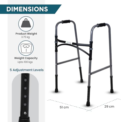 Image of Venante U-Shape Foldable Walker for Elderly and Seniors, Lightweight 100kg Capacity, Mild Steel Frame, Height Adjustable Walking Aid for Men and Women, Premium Rubber Shoes (Grey)