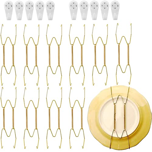 metagio 10pcs Portes Assiettes Murale Décorative en Acier Inoxydable Support Assiette Décorative Murale Dorée avec 10pcs Crochets Muraux pour Suspendus Assiettes Arts de Chambre Salon Restaurant Cover