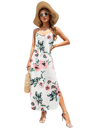 Image of HUSKARY Women's Summer Casual Sleeveless V Neck Strappy Split Loose Dress Beach Cover Up Long Cami Maxi Dresses with Pocket