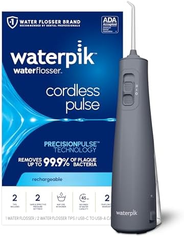 Waterpik Cordless Pulse Rechargeable Portable Water Flosser for Teeth, Gums, Braces Care and Travel with 2 Flossing Tips, Waterproof, ADA Accepted, WF-20 Gray, Packaging May Vary