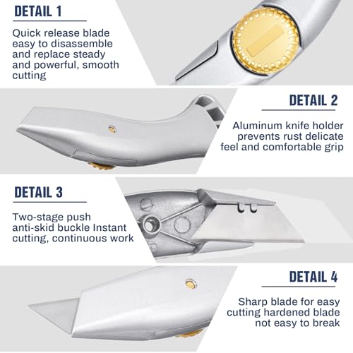 Image of 1 Set Carpet Knife Heavy Duty Vinyl Drywall Knife Roofing with Replacement Fixed Utility Blades Fixed Blade Roofer's Roofing Tools Cutter with Holster Belt Clip (Silver)