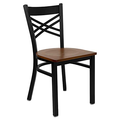 Image of Flash Furniture HERCULES Series Black ''X'' Back Metal Restaurant Chair - Cherry Wood Seat