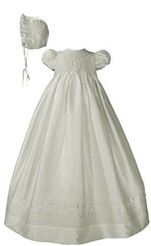 Little Things Mean A Lot Girls White Silk Dress Christening Gown Baptism Gown with Smocked Bodice 3M