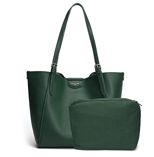 David Jones - Bolso de Hombro Mujer - Bolso de Mano Piel Sintética Suave - Tote Shopper Gran Capacidad A4 Cuero PU - Bolsos Compras Trabajo Asas Largas - 2 Piezas con Embrague - Verde