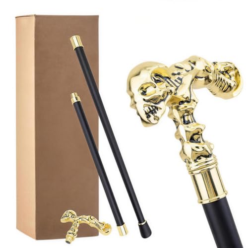 Bastón de Paseo con Empuñadura Recta Dorada y Diseño de Calaveras: Bastón Decorativo y Moderno para Hombres y Mujeres, Ideal para Cosplay(Gold)