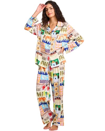 Image of YiNi LuLu Womens Silk Satin Pajamas Set Button Down 2 Piece Pjs Long Sleeve Oversized Sleepwear with Pockets
