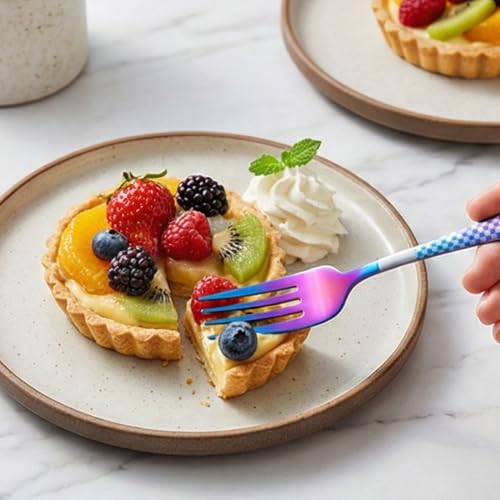Image of 6.7 inch Rainbow Salad Forks Set of 5 with Checks Printed Handle ? Durable Stainless Steel Salad Forks, Mirror Polished Silverware, Perfect for Home, Restaurant, and Gifting