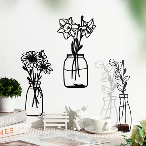 Zzbakress 3 piezas de flores y jarrones de metal, decoración de pared, arte minimalista, escultura de pared, narcisos, crisantemo, hojas de eucalipto, hierro, flores decorativas para sala de estar o