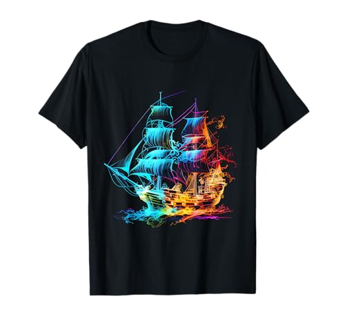 Pirate pirate ship colorful neon ocean sail pirate flag T-Shirt