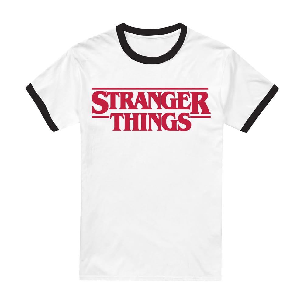 Stranger Things Main Logo Unisex Ringer T Shirt, Black White, Small