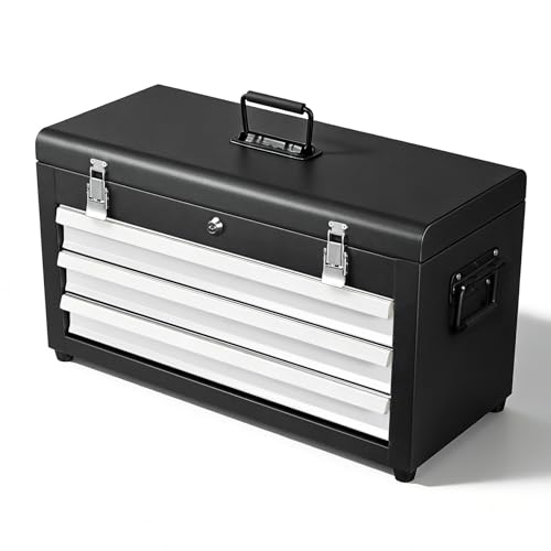 Cityeagle 3 Drawers 22" Portable Metal Tool Box, Heavy Duty Toolbox with Double Locking System & Unique Built-in Drawer Lock, Tool Chest Organizer for Workshop, Garage, DIY Office Storage