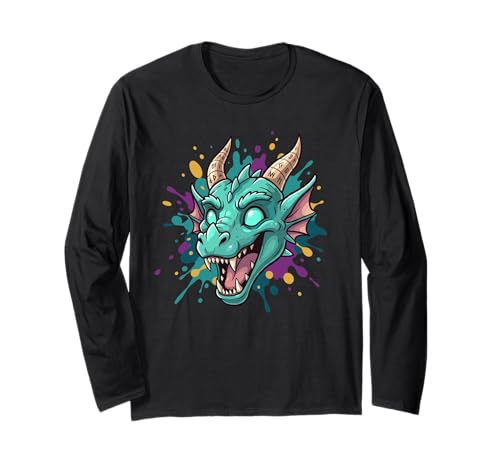 Neon Splash Turquoise Dragon Head Fantasy Long Sleeve T-Shirt