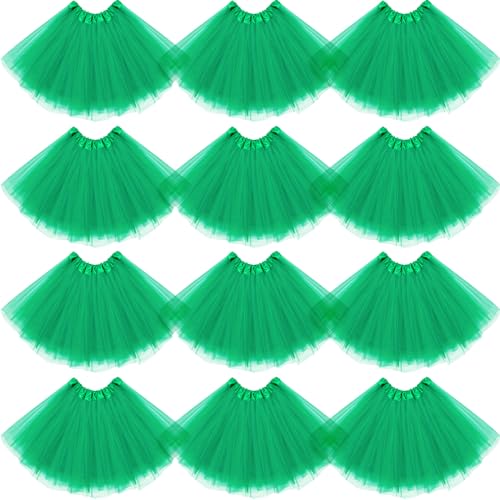 Jiuguva 12Pcs Elastic 4 Layered Tulle Tutu Skirt Halloween Tutus for Women Ballet Adult Fluffy Fairy Ballerina(Green)