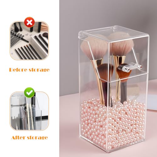 QUUPY Soporte para brochas de maquillaje, acrílico transparente, organizador de brochas de maquillaje, caja de almacenamiento con tapa, recipientes para brochas de maquillaje para tocador de baño - imagen 7