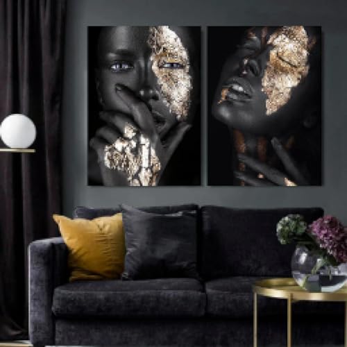 Affiche art africain noir et or 60x80 cm lot de 2 portraits de femmes modernes pour salon