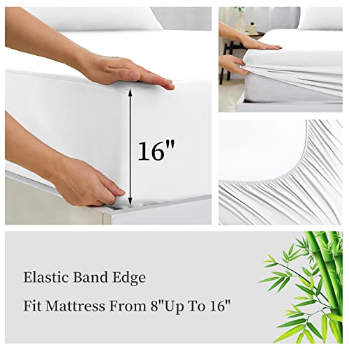 Hcora Bamboo Fitted Sheet King- 100% Viscose From Bamboo Fitted Bed Sheets With Pillowcase - 16 Inch Deep Pocket Cooling Fitted Sheet, Silky, Soft, Breathable (King, White) #TOP3