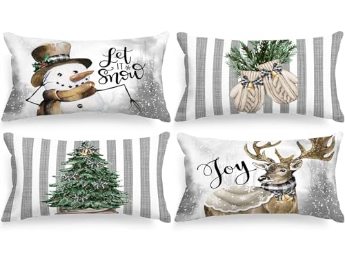 Lanpn 4 Stück Weiß und Grau Kissenbezug Weihnachten Kissenhülle...