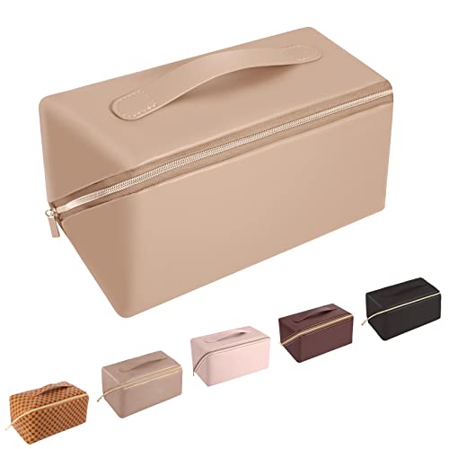 Large Capacity Travel Cosmetic Bag,PU Leather Portable Makeup Bag,Ladies Make Up Bag Zipper Bag with Handle and Divider,Waterproof Cosmetic Travel Organizer Multifunctional Storage Bag (Khaki, Large)