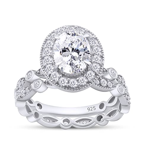 SAVEARTH DIAMONDS 2 Carat Center 6X8MM Oval & Round Cut Lab Created Moissanite Diamond Halo Vintage Style Bridal Ring Set For Women In 14K Gold Over Sterling Silver (VVS1 Clarity)